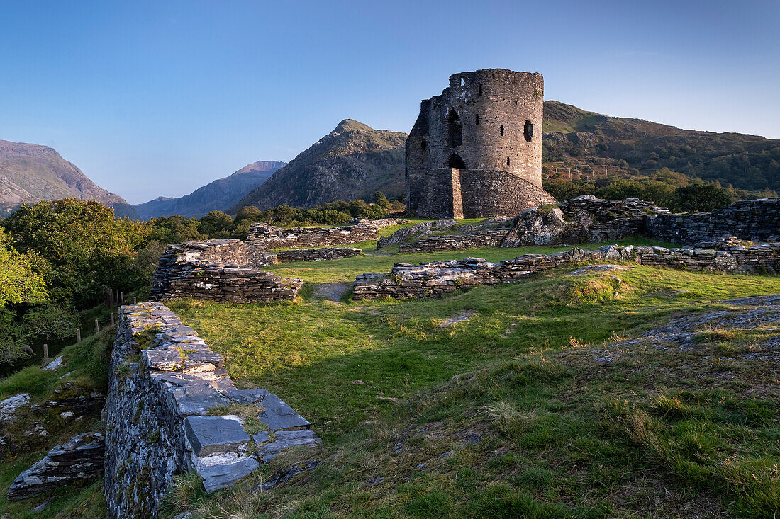 Dolbadarn Castle and the Llanberis Pass in summer, Snowdonia National Park, North Wales, United Kingdom, Europe