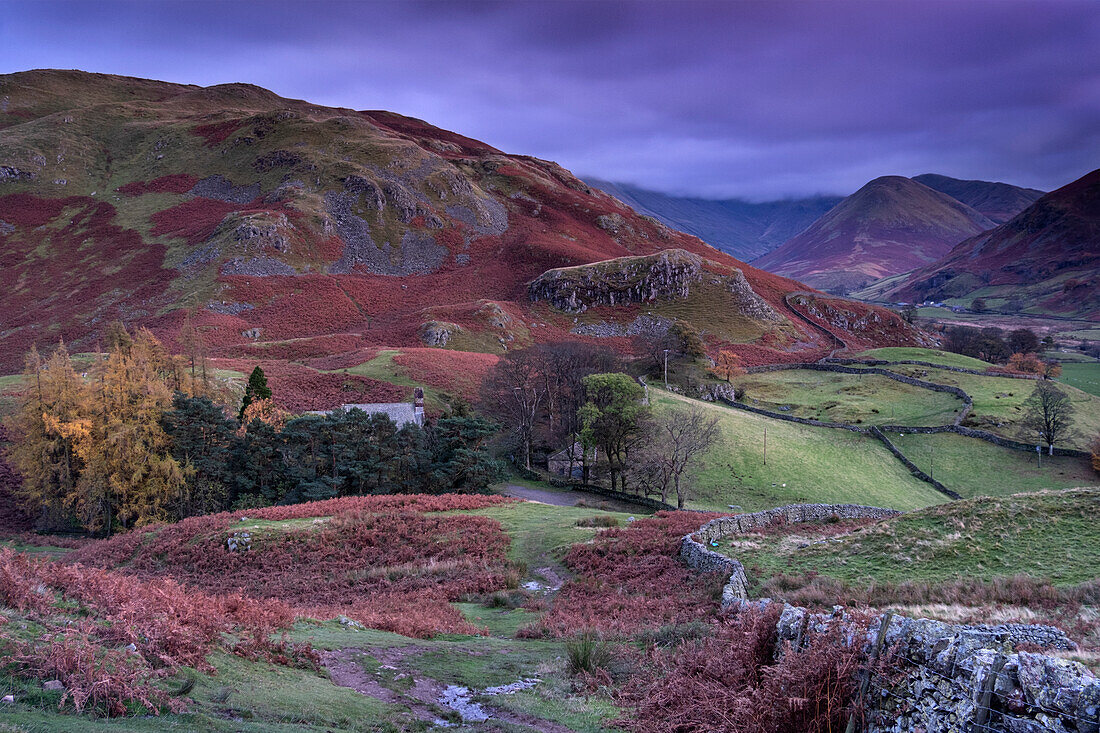 Martindale Church in autumn and distant The Nab, Martindale Common, Lake District National Park, UNESCO World Heritage Site, Cumbria, England, United Kingdom, Europe