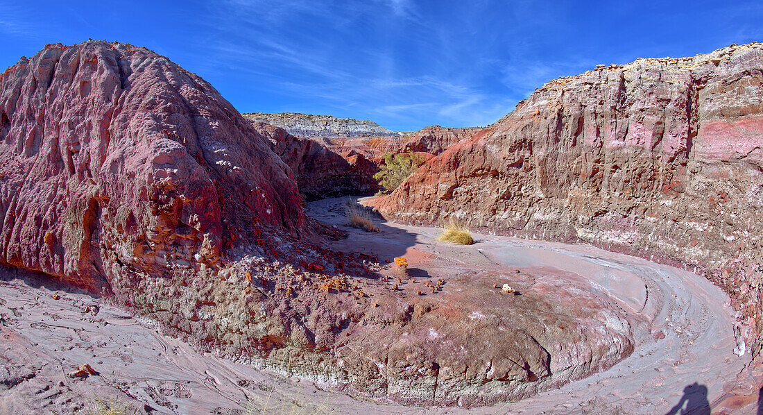 A bend in the creek that flows through the Red Basin in Petrified Forest National Park, Arizona, United States of America, North America
