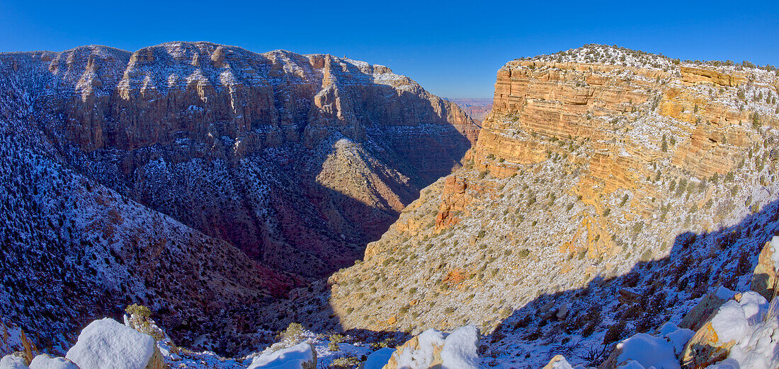 The snowy cliffs of Desert View Point on the left with the Palisades on the right at Grand Canyon National Park, UNESCO World Heritage Site, Arizona, United States of America, North America