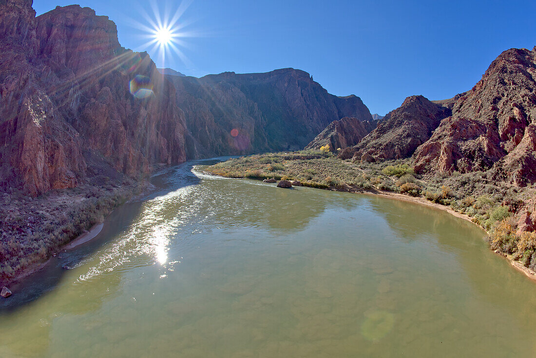 West view of the Colorado River from the Black Bridge at Grand Canyon, Arizona, United States of America, North America