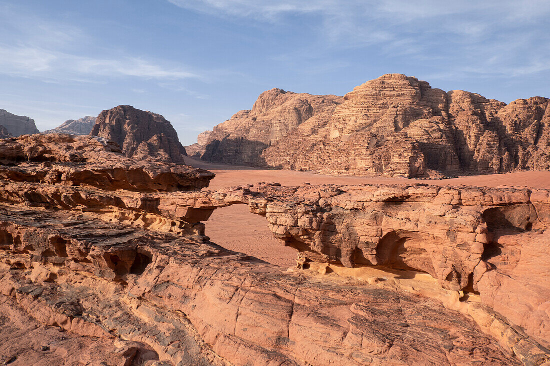 A stone arch bridge in Wadi Rum desert, UNESCO World Heritage Site, Jordan, Middle East