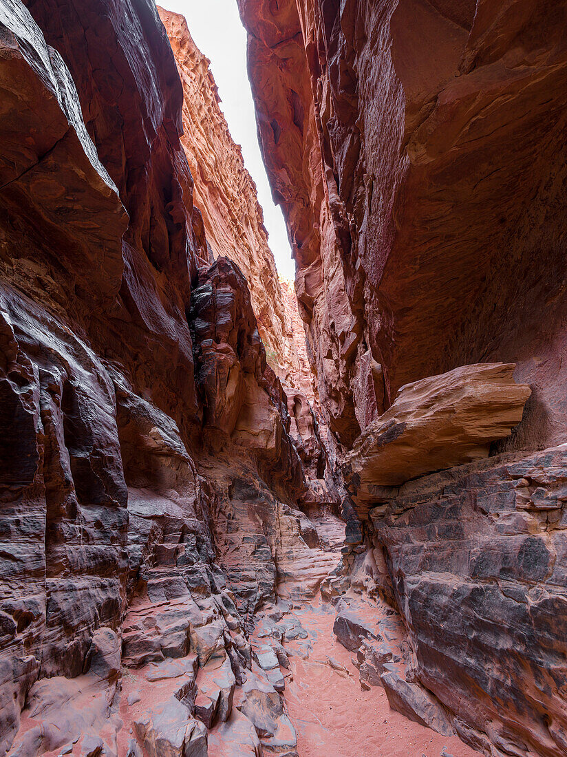 Eine enge rote Felsenschlucht in der Wüste Wadi Rum in Jordanien, Naher Osten