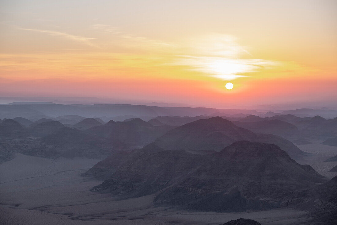 Sunrise from the top of the Umm ad Dami mountain, the highest point in the country, Jordan, Middle East