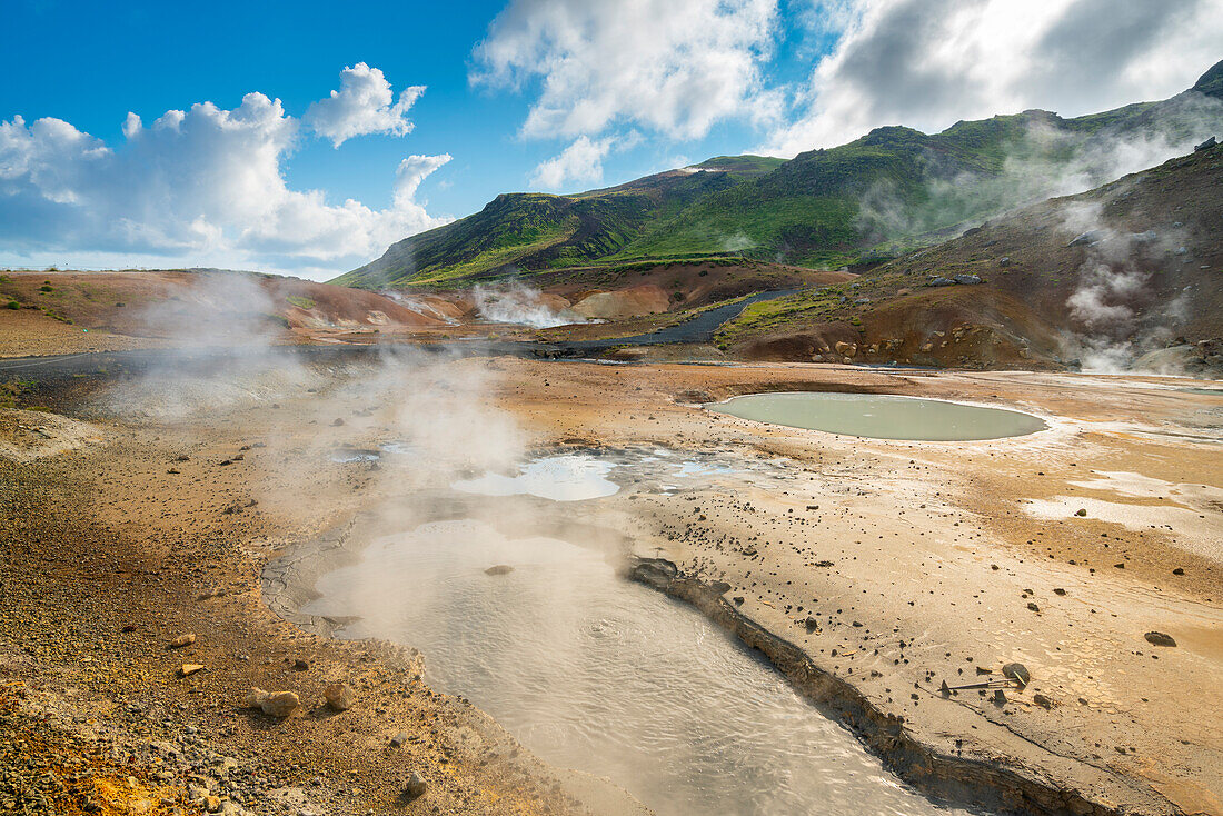 Dampfende Becken, geothermisches Gebiet und heiße Quellen in den Seltun Hot Springs, Krysuvik, Die Hauptstadtregion, Island, Polarregionen