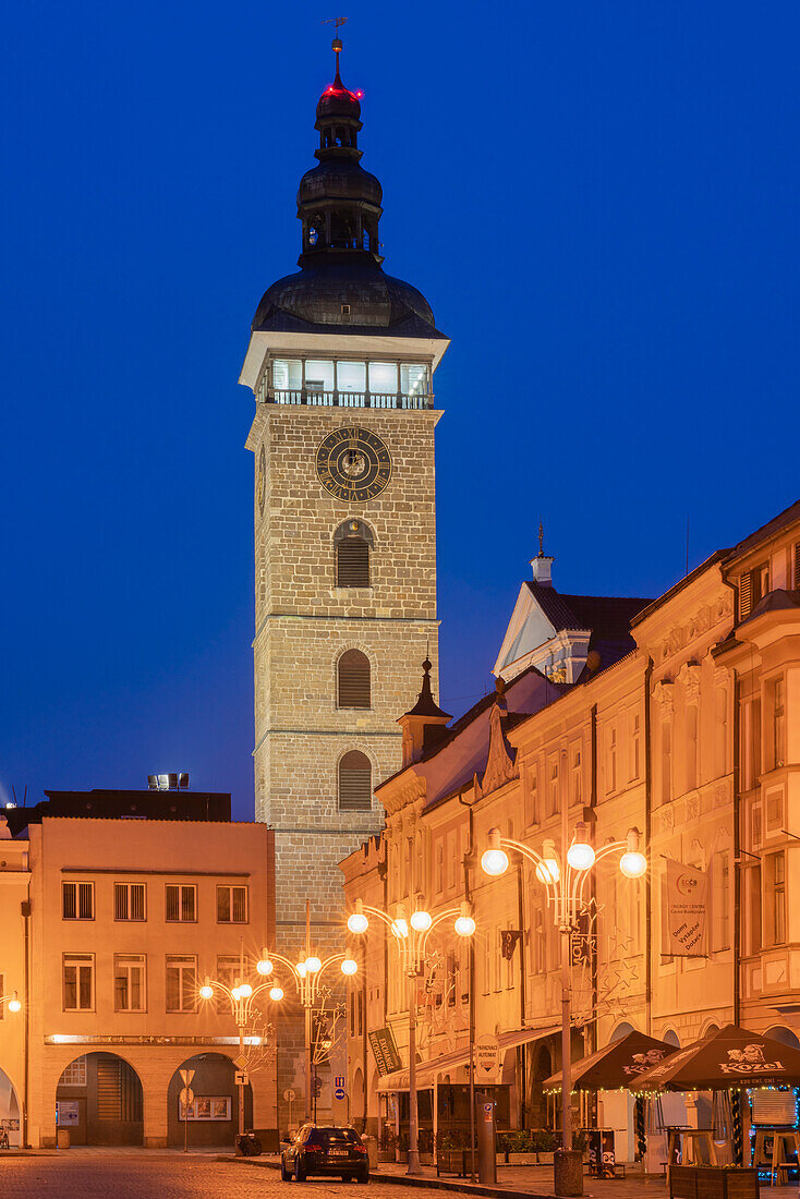 Black Tower of Ceske Budejovice and Namesti Premysla Otakara II at twilight, South Bohemian Region, Czech Republic (Czechia), Europe