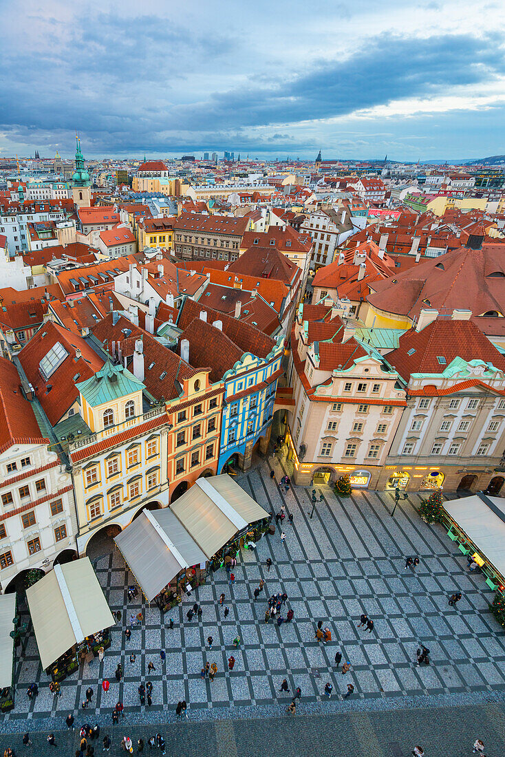 Elevated view of houses with red roofs as seen from Prague Astronomical Clock at Old Town Square, Prague, Czech Republic (Czechia), Europe