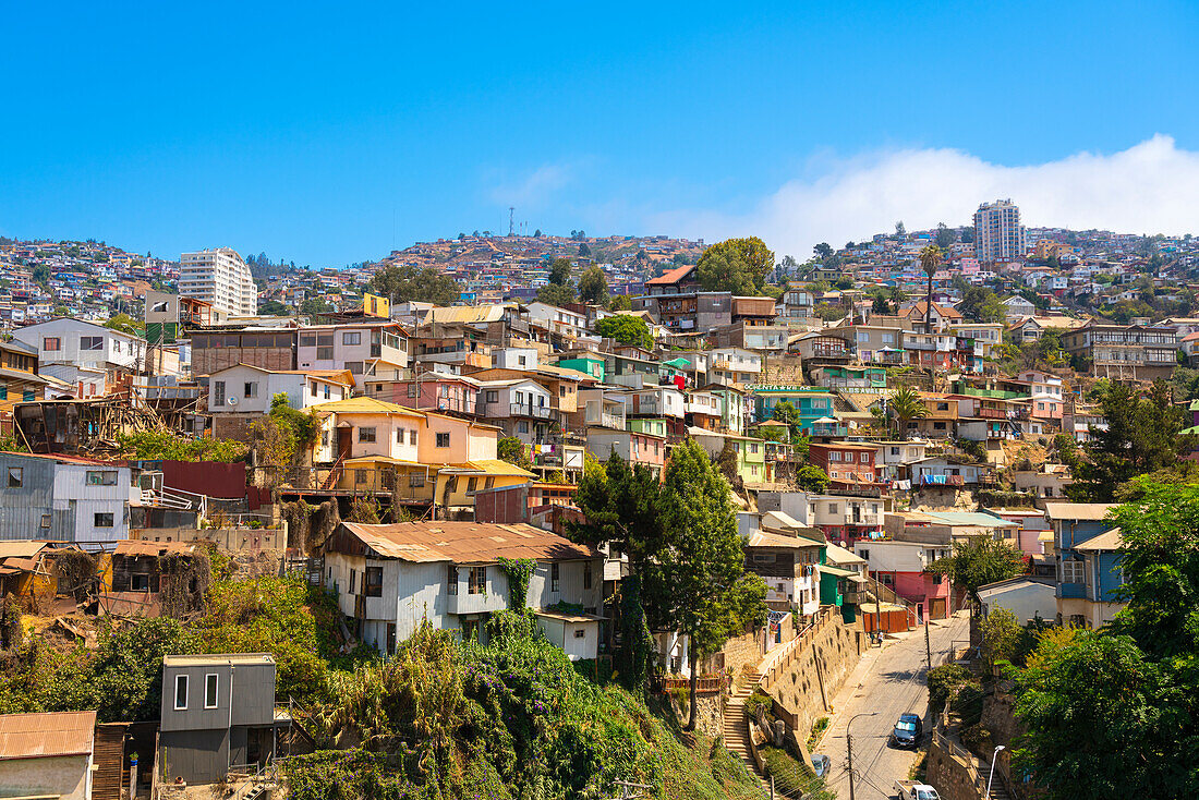 Colorful houses in town on sunny day, Valparaiso, Chile, South America