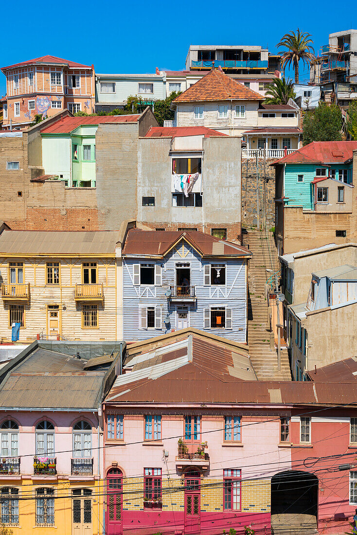 Detail von bunten Häusern, Cerro San Juan de Dios, Valparaiso, Chile, Südamerika