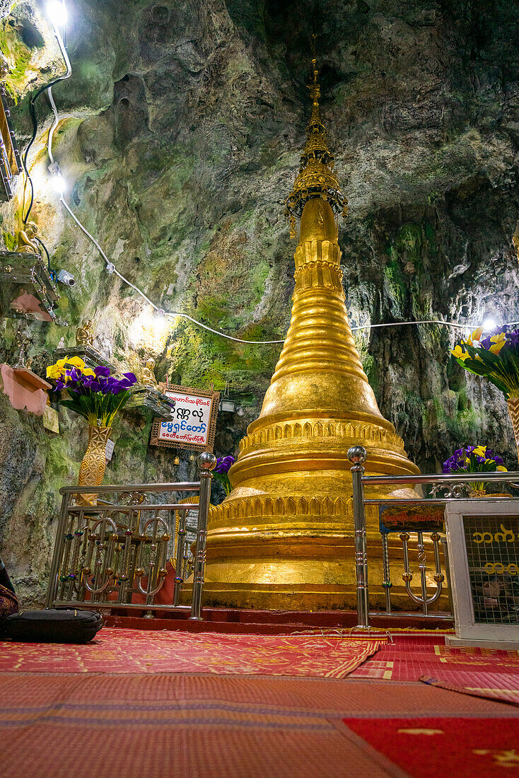Golden stupa inside Myin Ma Hti Caves, near Kalaw and Aungpan, Shan State, Myanmar (Burma), Asia