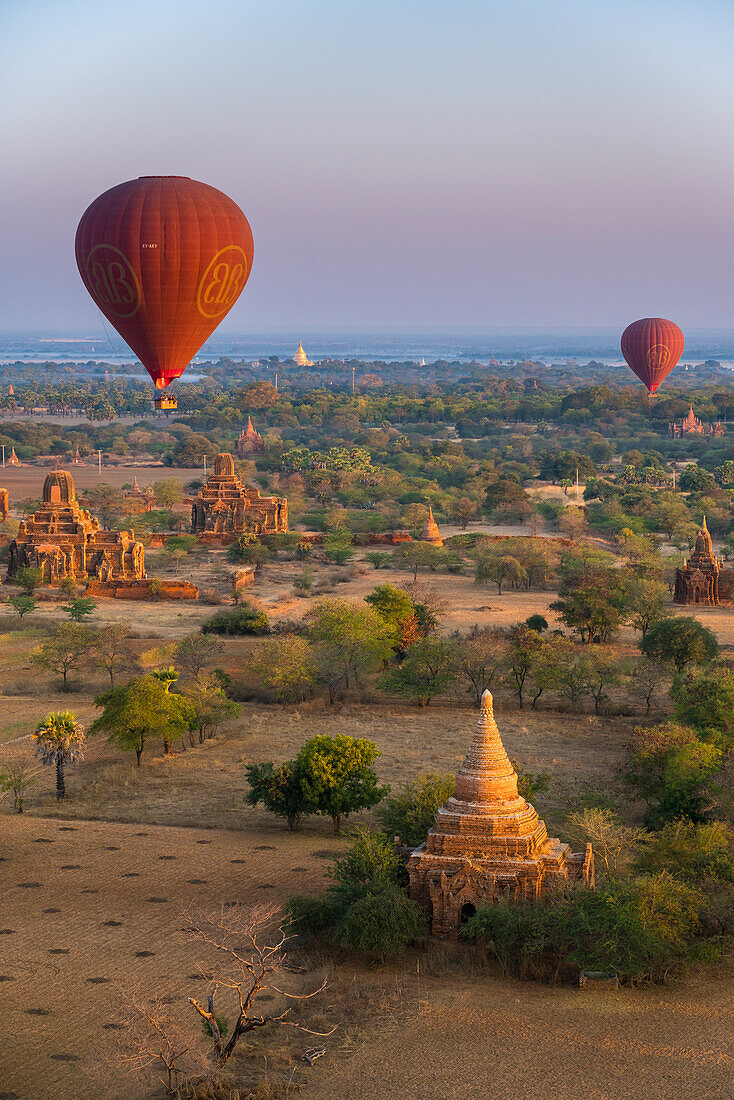Alte Tempel in Bagan und Heißluftballons vor Sonnenaufgang, Alt-Bagan (Pagan), UNESCO-Welterbe, Myanmar (Burma), Asien