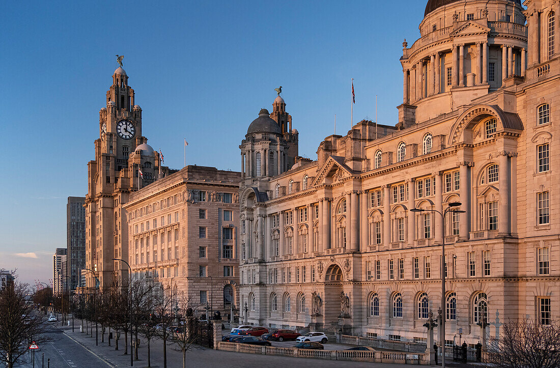 The Royal Liver Building, The Cunard Building and The Port of Liverpool Building (The Three Graces), Pier Head, Liverpool, Merseyside, England, United Kingdom, Europe