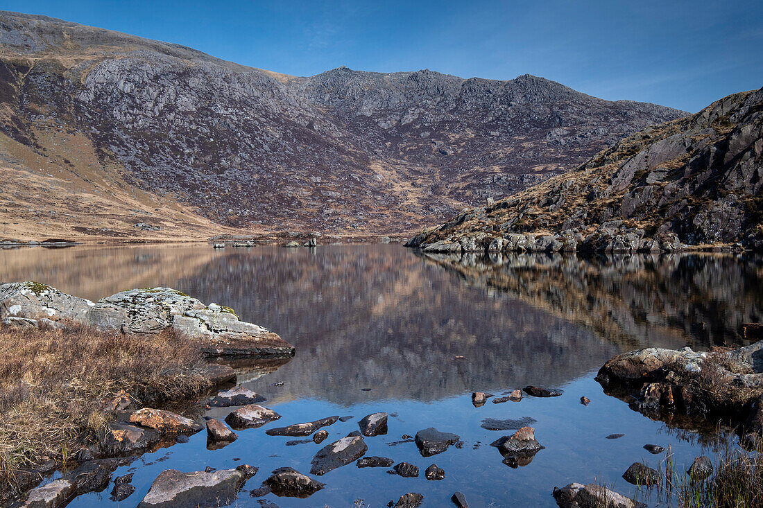 Llyn Cwmffynnon backed by Glyder Fach, The Glyderau, Snowdonia National Park, Eryri, North Wales, United Kingdom, Europe