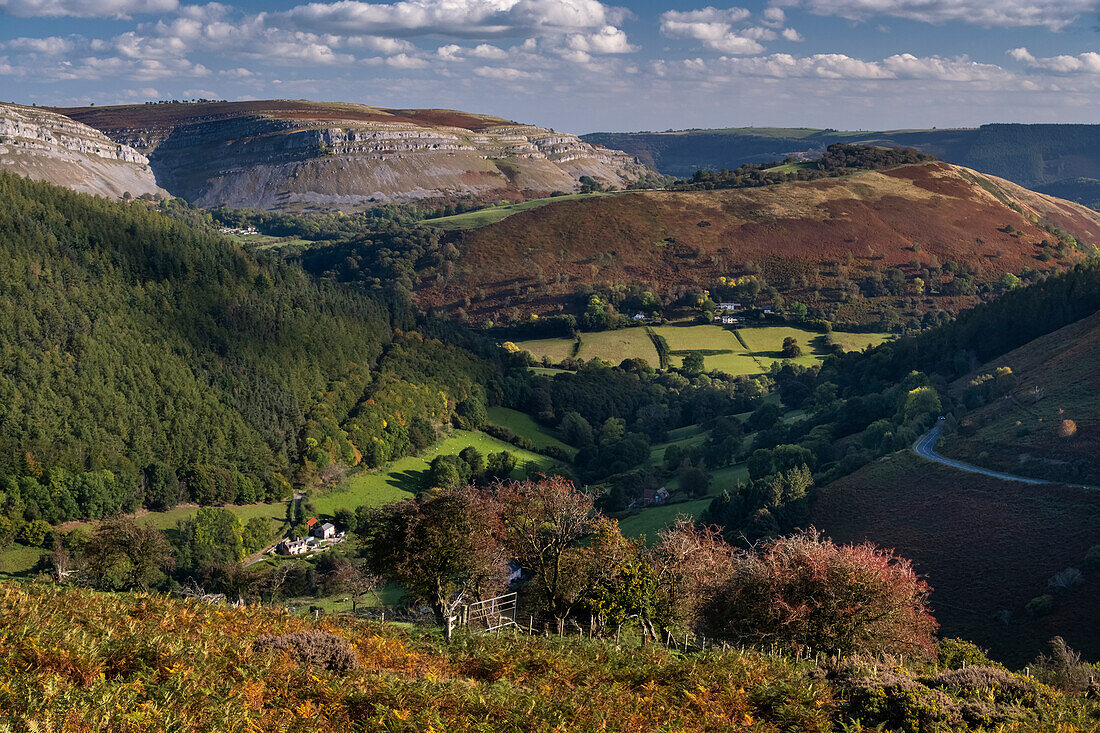 The Eglwyseg Valley and Eglwyseg Rocks from Horseshoe Pass, Vale of Llangollen, Denbighshire, North Wales, United Kingdom, Europe