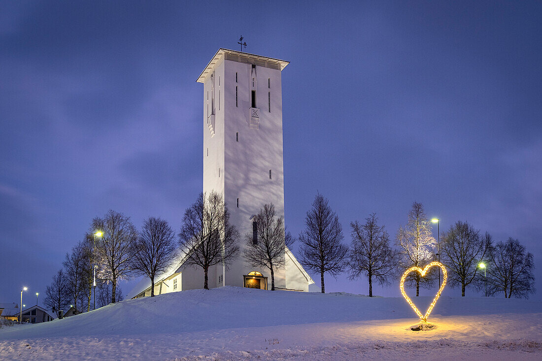 Bjerkvik Church at night in winter, near Narvik, Narvik Municipality, Nordland County, Norway, Scandinavia, Europe