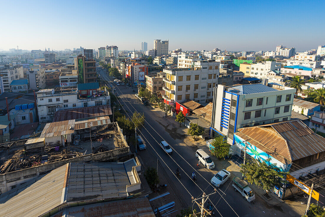 High angle view of 81st Street, Mandalay, Myanmar (Burma), Asia