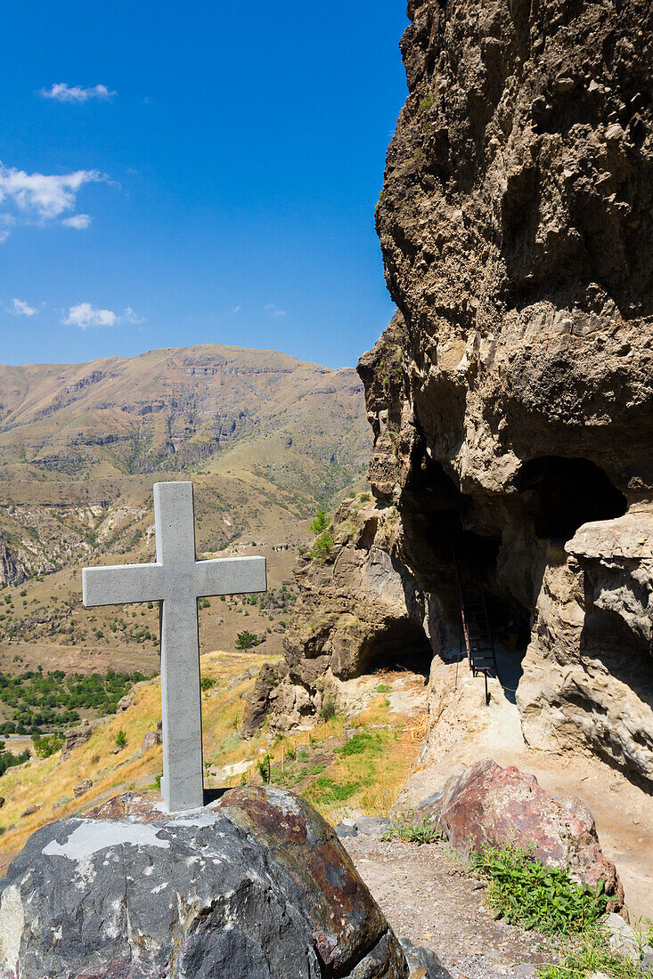 Cross made of stone at church built on in the rock in Vanis Kvabebi Monastery near Vardzia, Aspindza, Samtskhe-Javakheti, Georgia, Central Asia, Asia