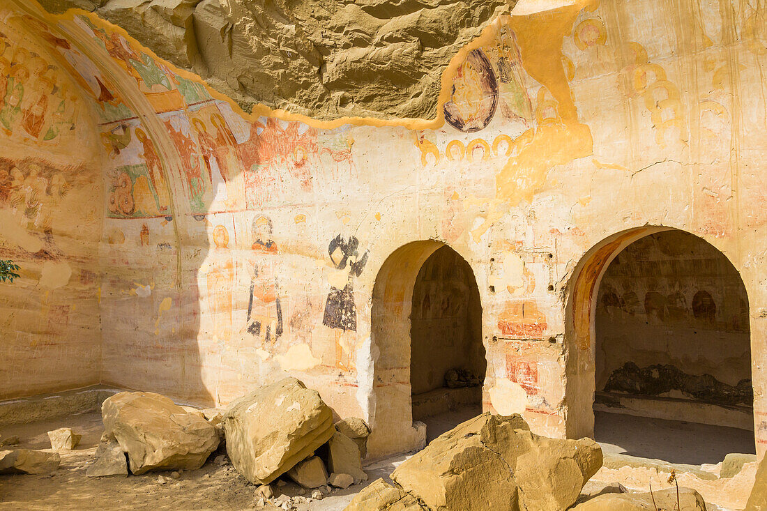 Medieval frescoes on wall, David Gareja Monastery complex, Sagarejo Municipality, Kakhetia, Georgia, Central Asia, Asia