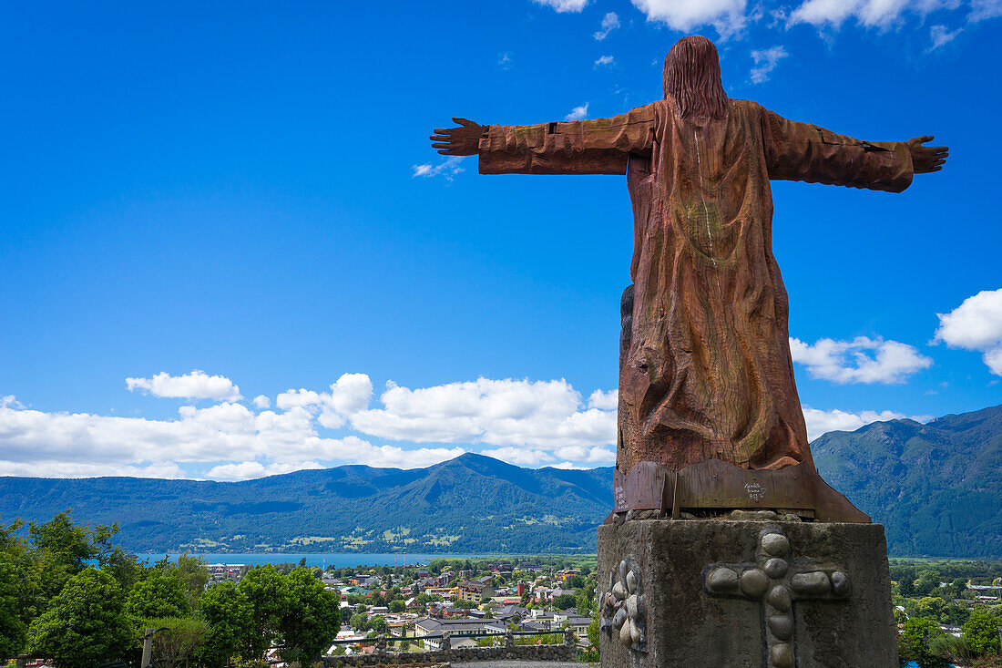 Wooden statue of Christ, Mirador El Cristo, Pucon, Chile, South America