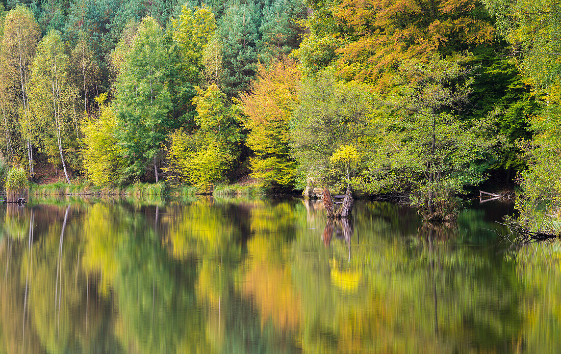 Idyllische Aufnahme des Kacirek-Teichs im Herbst, Kokorinsko, Mittelböhmen, Tschechische Republik (Tschechien), Europa