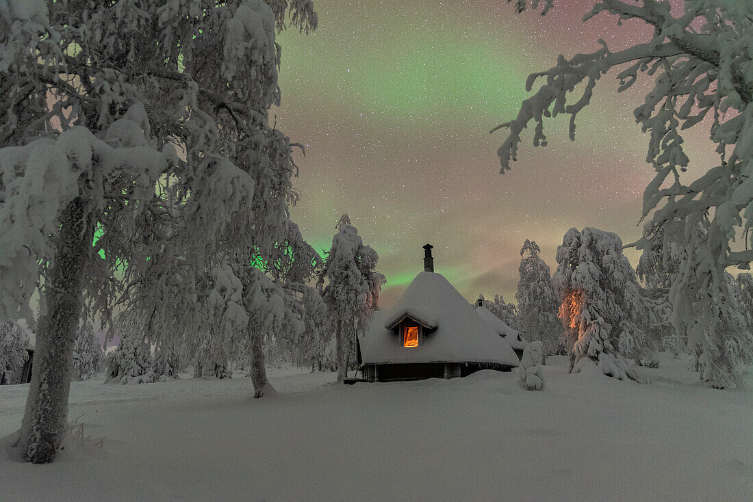 Typical wooden illuminated hut under the Northern Lights (Aurora Borealis) in the frosty forest with trees covered with snow, Pallas-Yllastunturi National Park, Muonio, Lapland, Finland, Europe