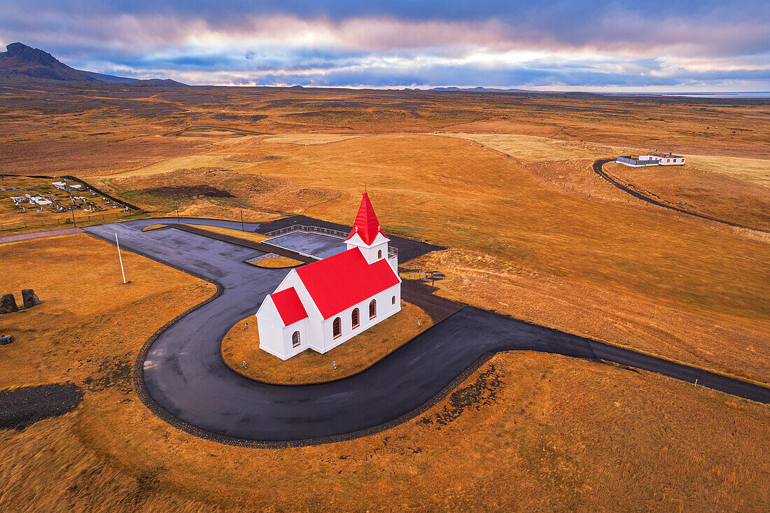 Aerial view of Ingjaldsholl church at Hellissandur, Snaefellsjokull National Park, Snaefellsnes Peninsula, Vesturland, West Iceland, Iceland, Polar Regions