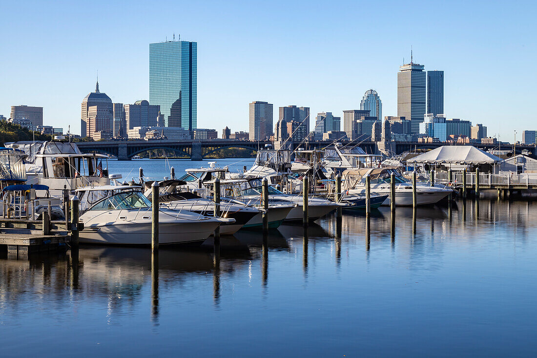 Boston Skyline with Boats in Marina, Boston, Massachusetts, New England, United States of America, North America