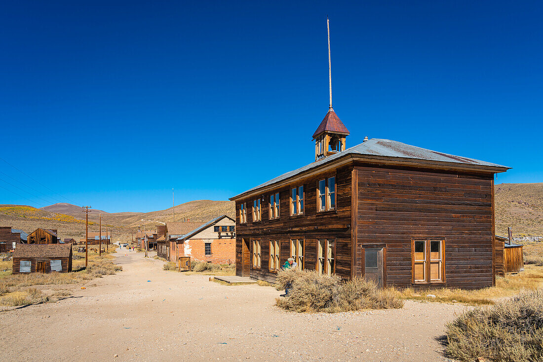 Abandoned wooden deserted buildings in Bodie ghost town, Mono County, Sierra Nevada, Eastern California, California, United States of America, North America