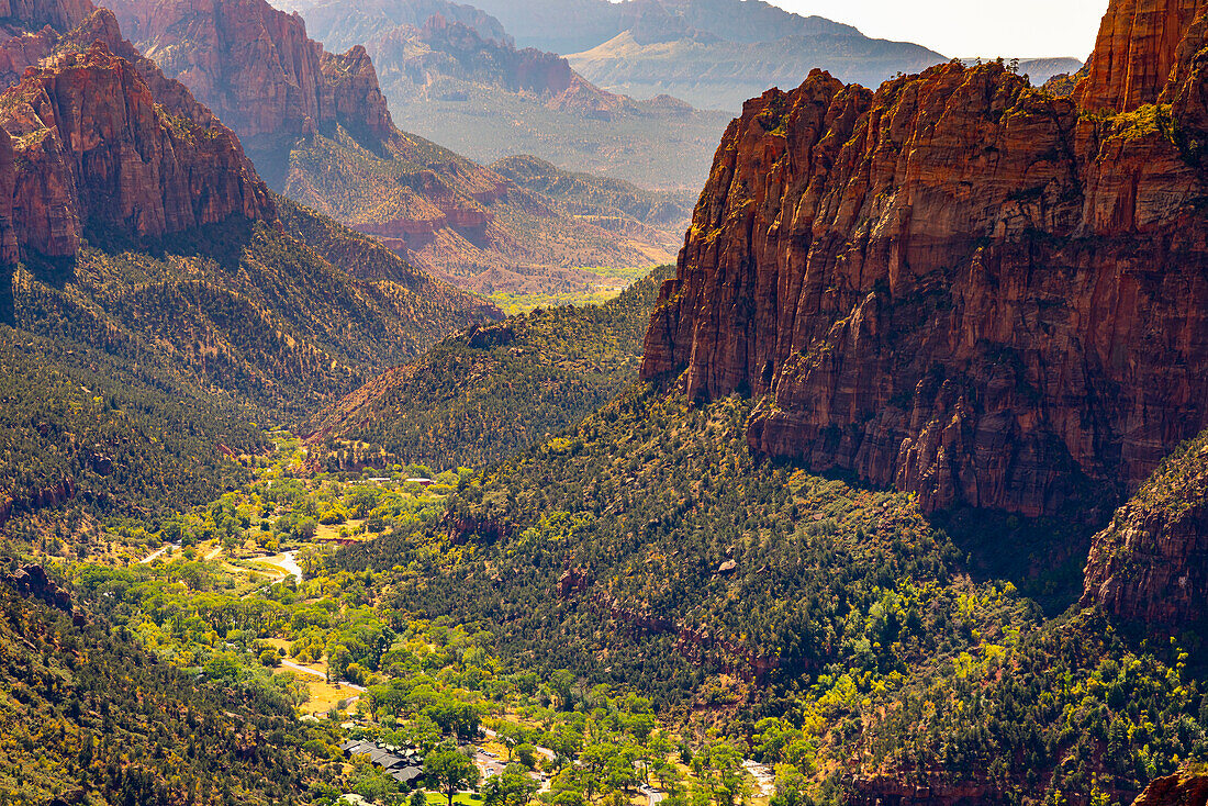 Zion Canyon von Angels Landing aus an einem sonnigen Tag, Zion National Park, Utah, Vereinigte Staaten von Amerika, Nordamerika