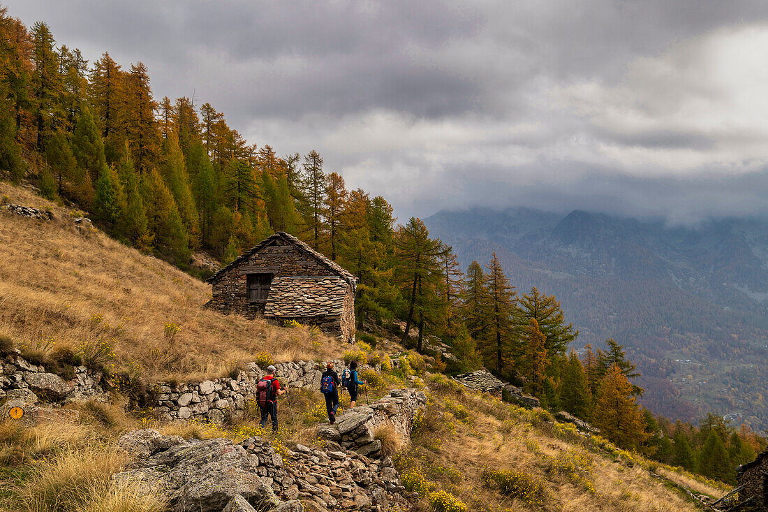 Drei Wanderer auf einem Saumpfad in der Nähe einer Hütte, Lys-Tal, Gressoney, Aosta-Tal, Italien, Europa