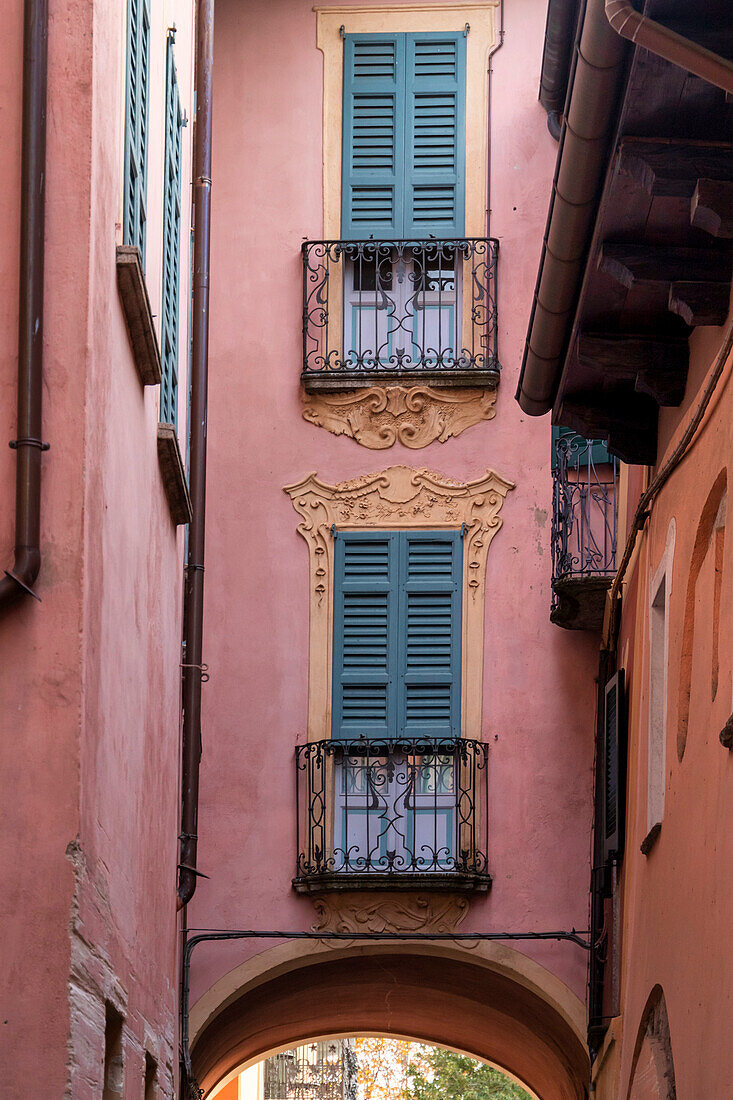 Stately building, ornamental facade, Orta, Orta Lake, Novara district, Italian Lakes, Piedmont, Italy, Europe