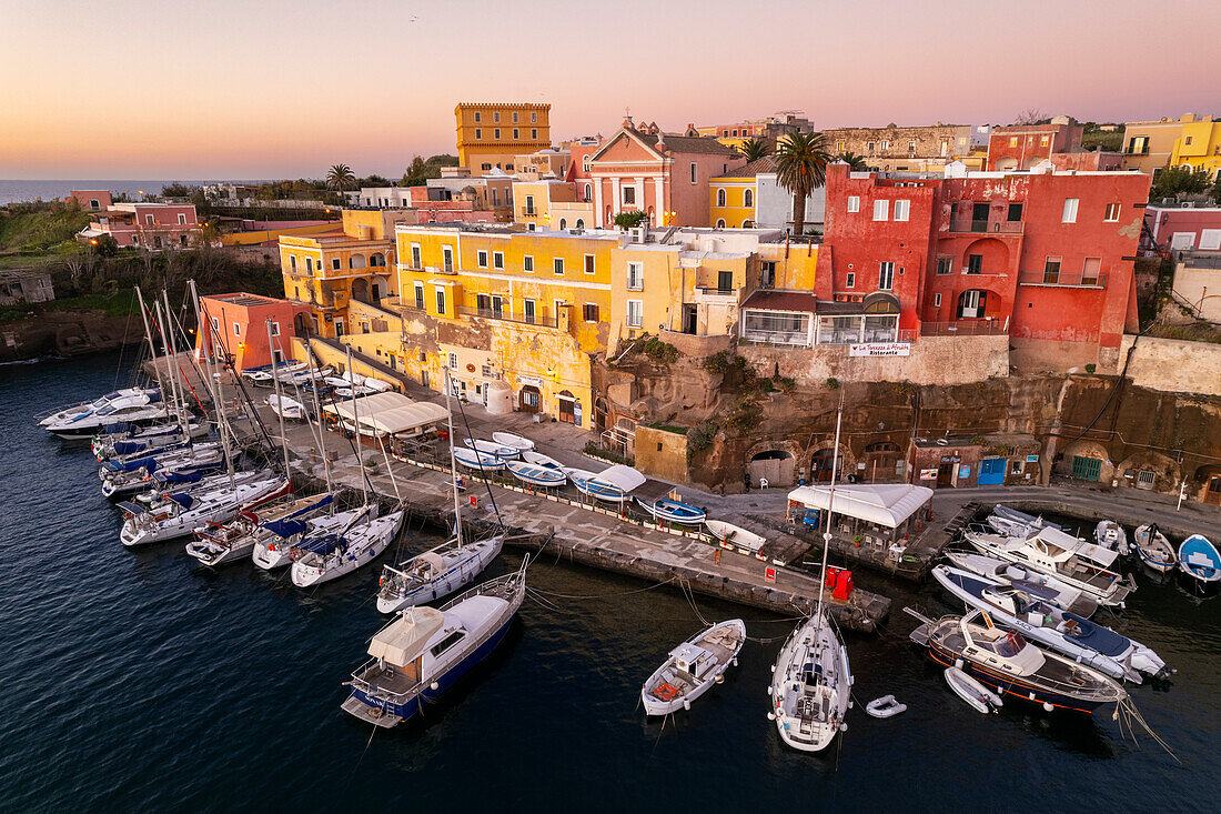 Aerial view of the Roman harbour of Ventotene at dawn, Pontine Islands, Latina province, Tyrrhenian sea, Lazio, Italy, Europe