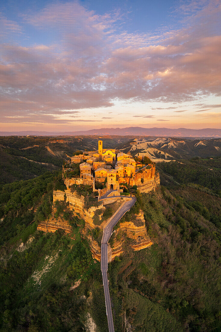 Aerial panoramic view of the medieval village of Civita di Bagnoregio at sunset, Viterbo province, Latium (Lazio), Italy, Europe