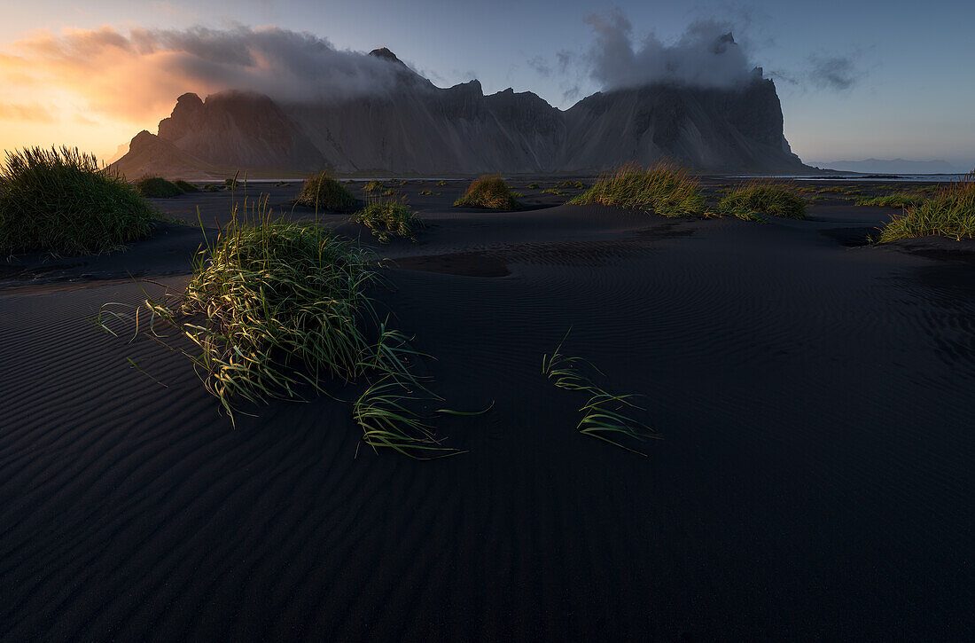 The most famous mountain in southern Iceland, Vestrahorn, during a beautiful sunset at the end of summer, Iceland, Polar Regions