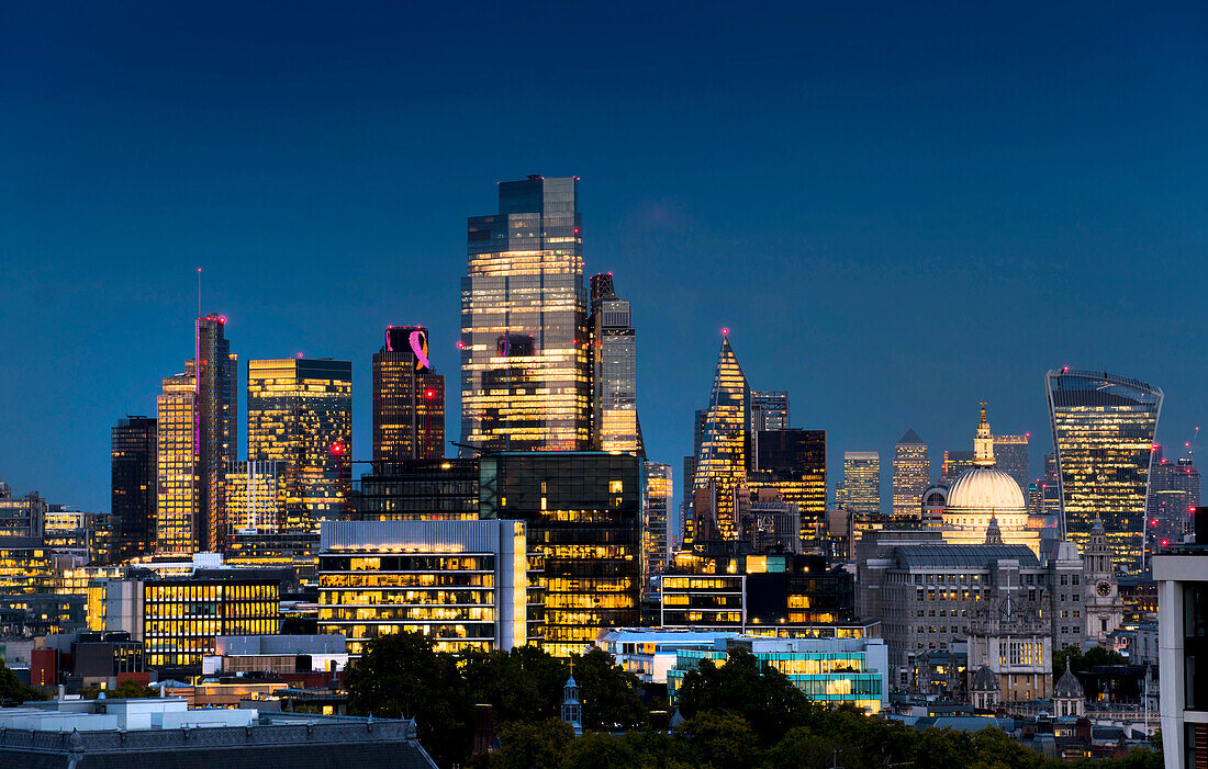 City skyline from Post Building night, London, England, United Kingdom, Europe