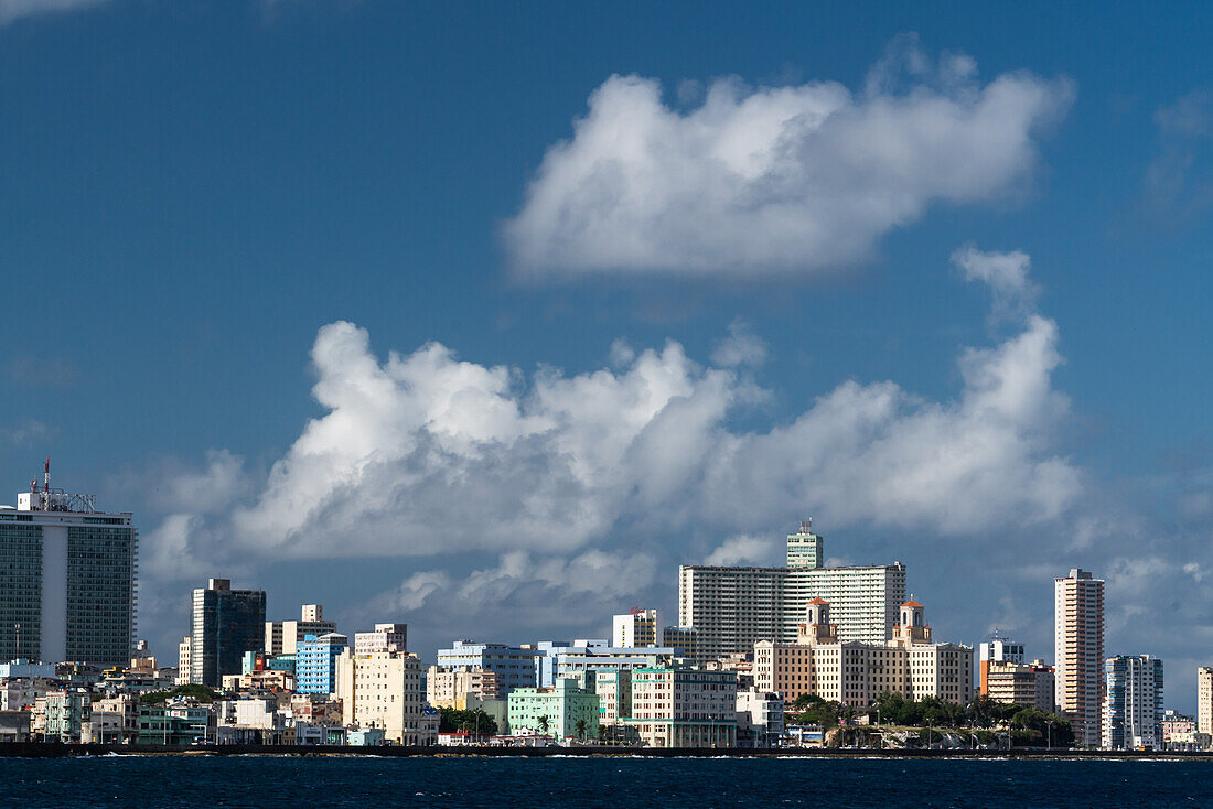 View of Modern Havana coastline from the sea, Havana, Cuba, West Indies, Caribbean, Central America