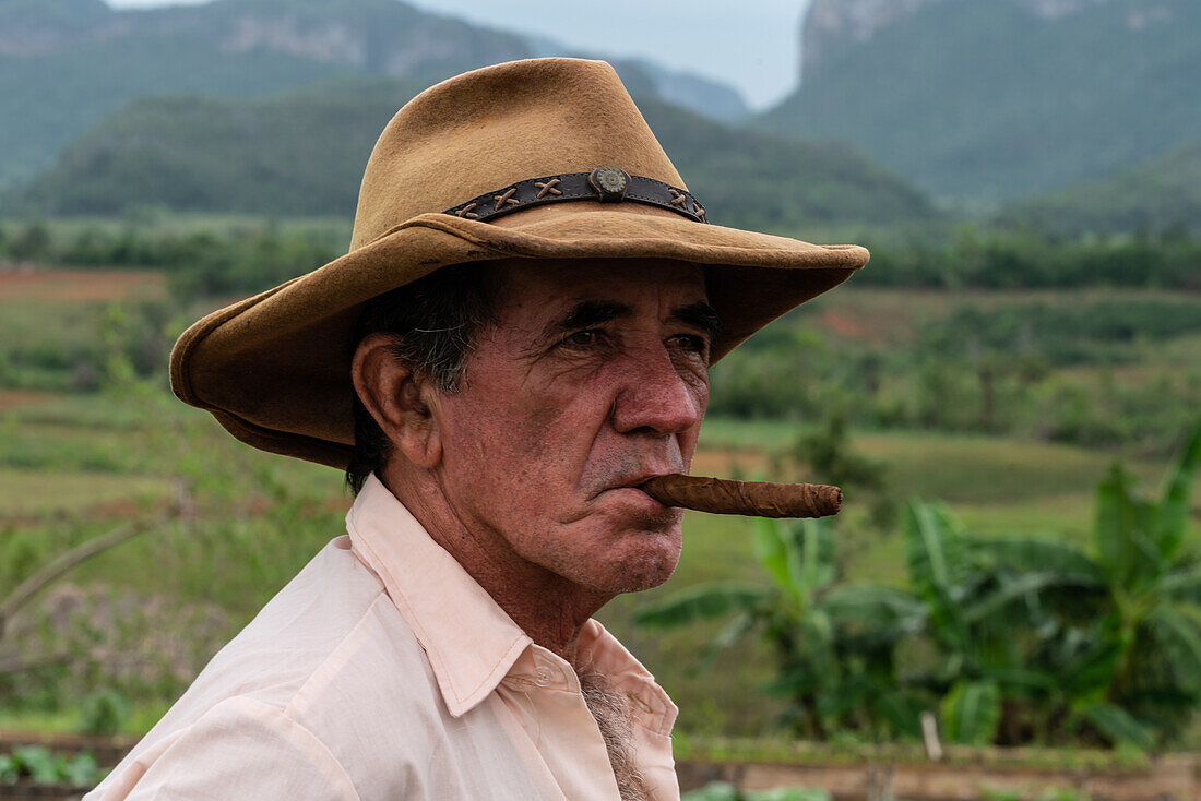 Tabakplantagenarbeiter mit Zigarre, auf Talrücken, Vinales, Kuba, Westindien, Karibik, Mittelamerika