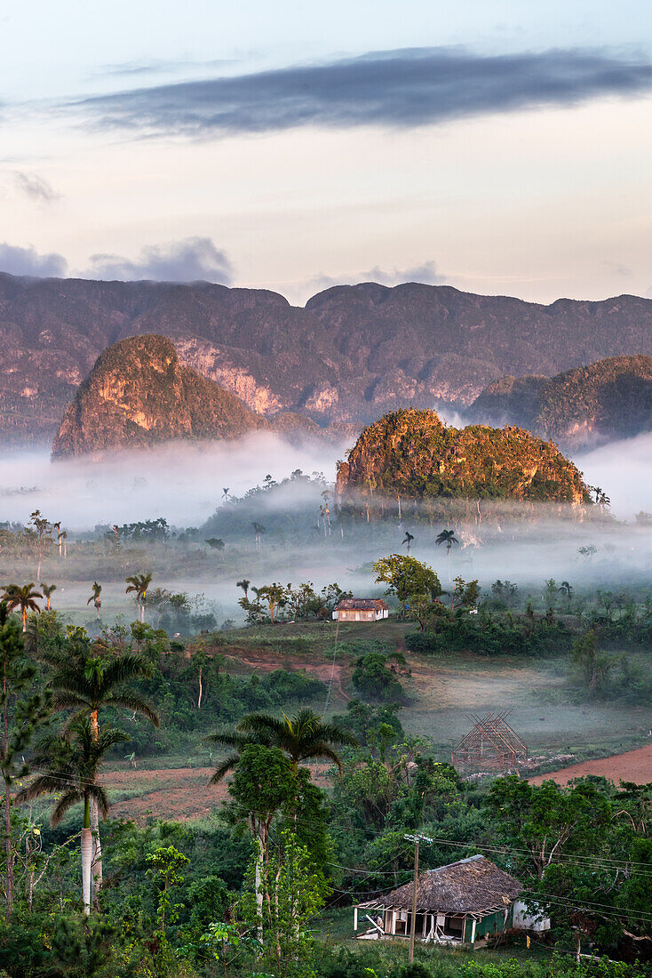 Val de Vinales, UNESCO World Heritage Site, early morning mist, Vinales, Cuba, West Indies, Caribbean, Central America