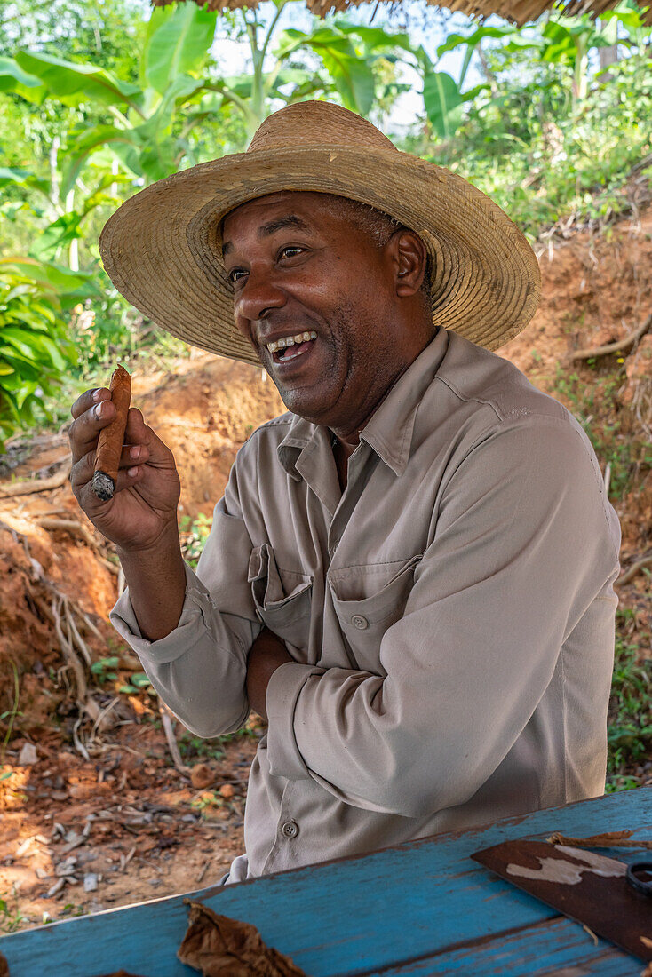 Tobacco plantation worker in straw hat, savouring cigar he just made, Vinales, Cuba, West Indies, Caribbean, Central America