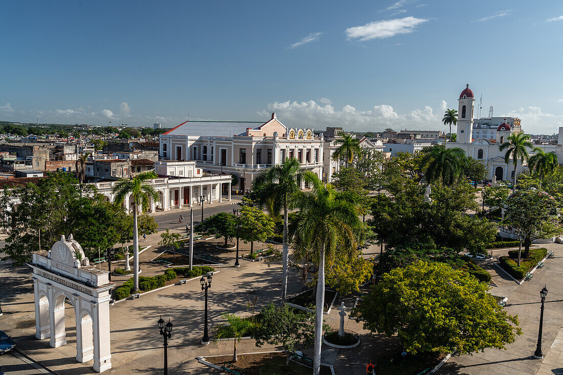Aerial view of main square and Parque Jose Marti, Cienfuegos, UNESCO World Heritage Site, Cuba, West Indies, Caribbean, Central America