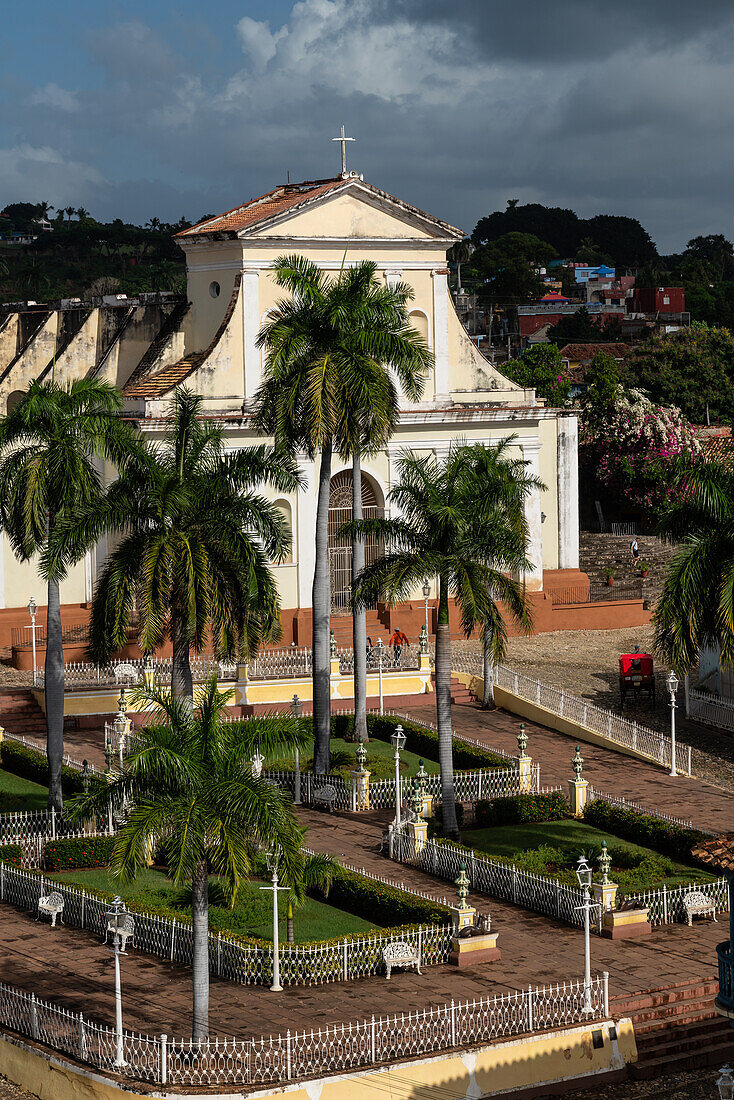 Aerial view of Cathedral and main square, with horsedrawn carriage, UNESCO World Heritage Site, Trinidad, Cuba, West Indies, Caribbean, Central America