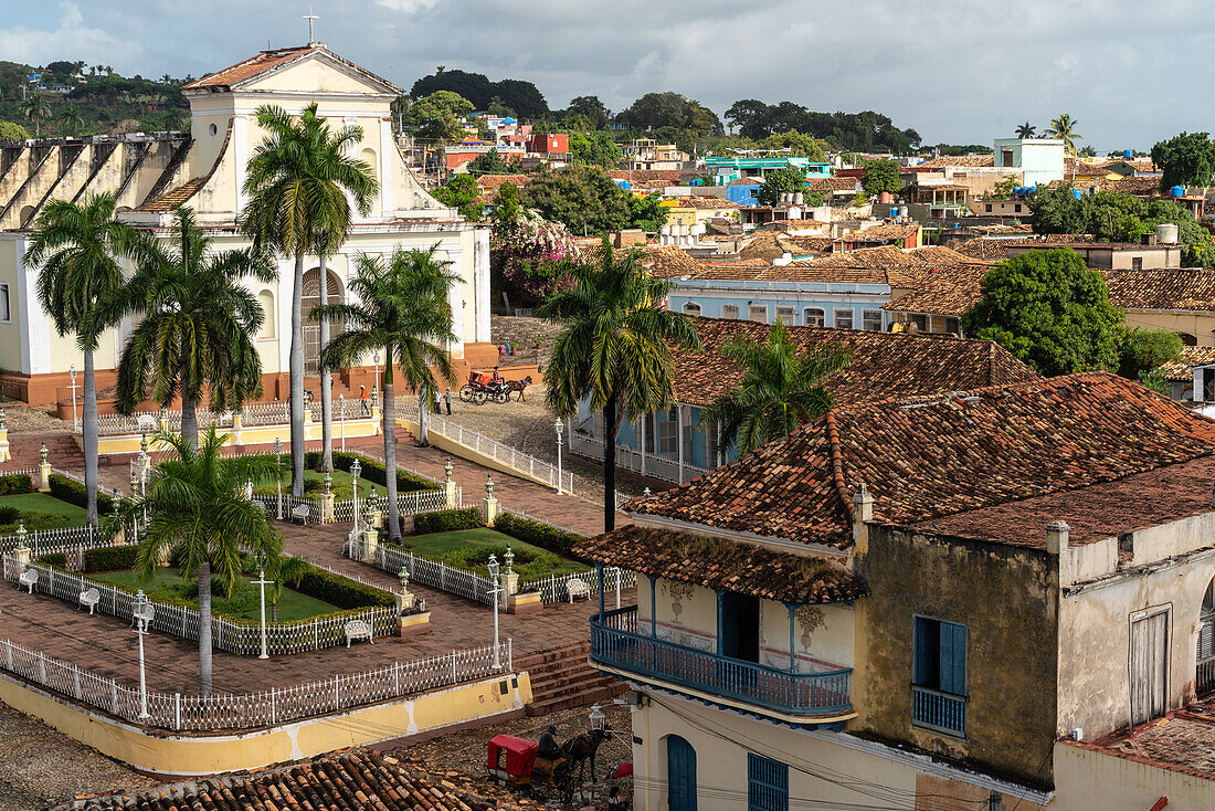 Aerial view of Cathedral and main square, with horsedrawn carriages, UNESCO World Heritage Site, Trinidad, Cuba, West Indies, Caribbean, Central America