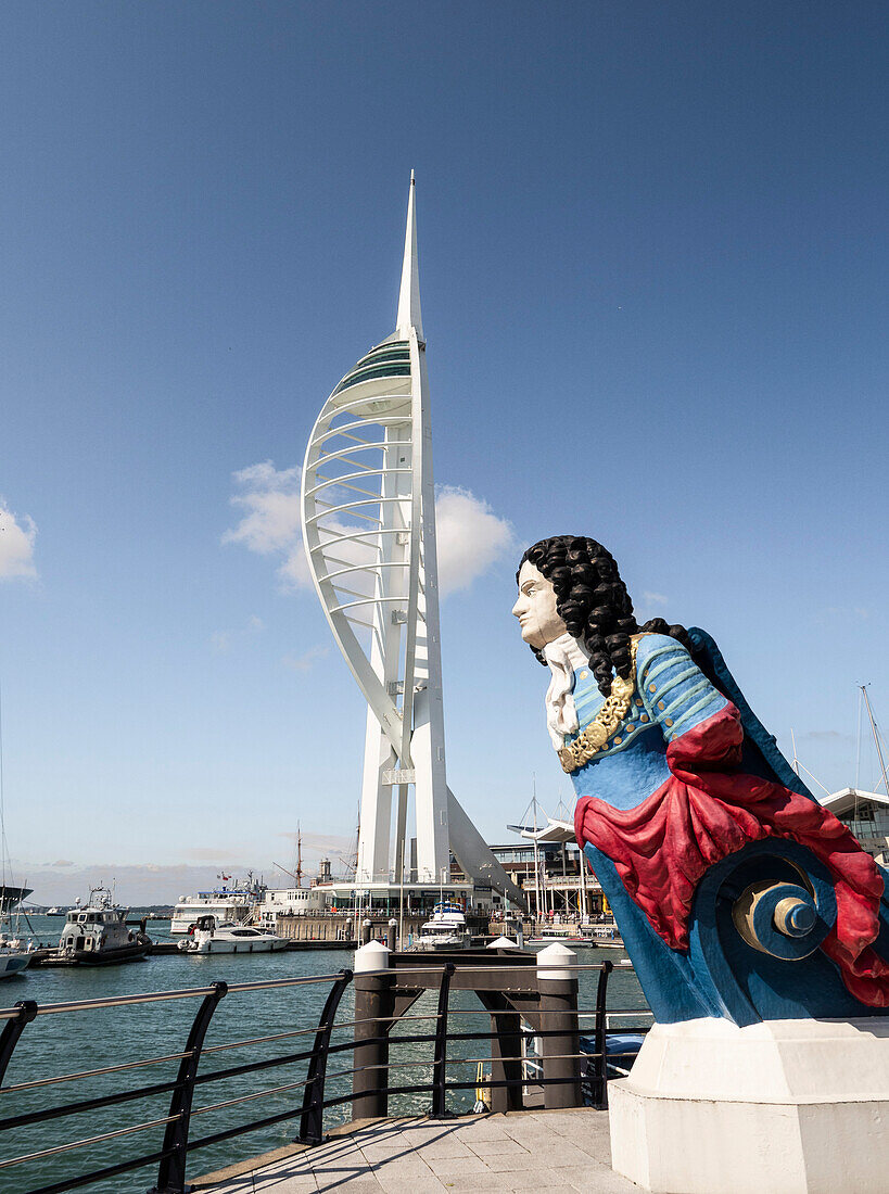 Figurehead of HMS Marlborough and Spinnaker Tower, Gunwharf Quays, Portsmouth, Hampshire, England, United Kingdom, Europe