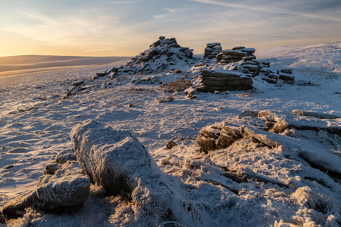 Snow and ice covered moorland at West Mill Tor in Dartmoor National Park in winter, Devon, England, United Kingdom, Europe