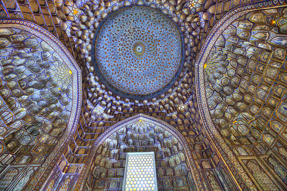 Interior Ceiling, Tuman Oko Mausoleum, Shah-I-Zinda, UNESCO World Heritage Site, Samarkand, Uzbekistan, Central Asia, Asia