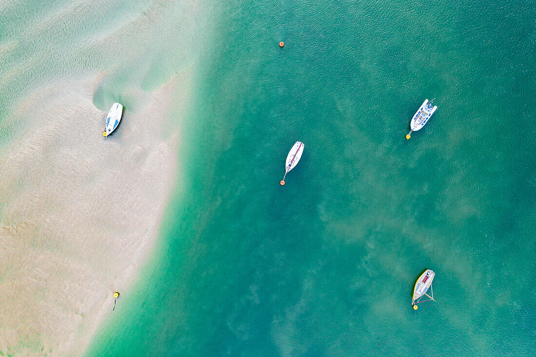 Aerial image of boats in the Camel Estuary near Rock, Cornwall, England, United Kingdom, Europe
