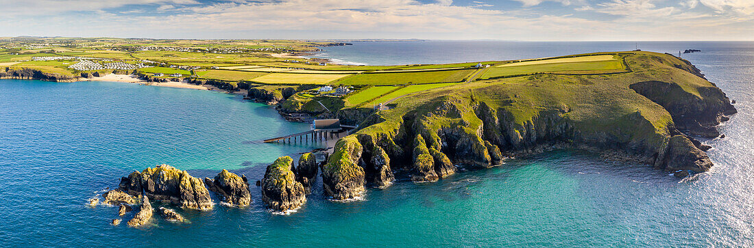 Aerial vista of Trevose Head, Padstow Lifeboat Station and Mother Iveys Bay, North Cornwall, England, United Kingdom, Europe