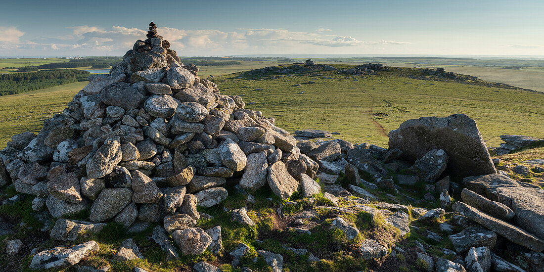 Stone cairn on Little Rough Tor, Bodmin Moor, Cornwall, England, United Kingdom, Europe