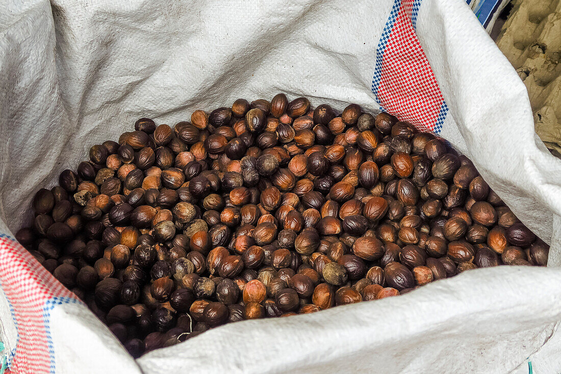 Muskatnuss in einem Sack auf dem Markt, ein aromatisches Gewürz und Hauptanbaugebiet, Ulu, Siau-Insel, Sangihe-Archipel, Nordsulawesi, Indonesien, Südostasien, Asien