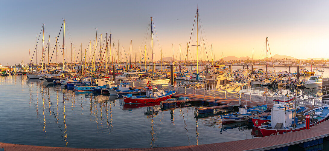 View of harbour boats at sunset, Corralejo, Fuerteventura, Canary Islands, Spain, Atlantic, Europe